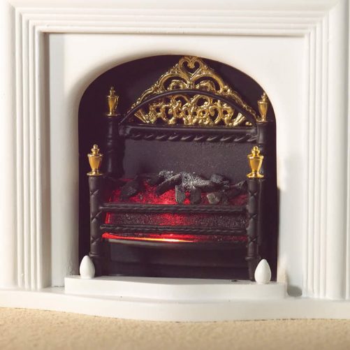 Dolls House lit fire basket with gold detailing